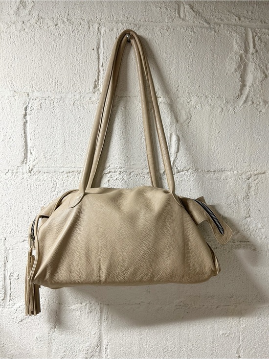 Village Tannery Handbags - Village Tannery Beige Pebbled Leather Slouchy Shoulder Bag, Design By Sevestet